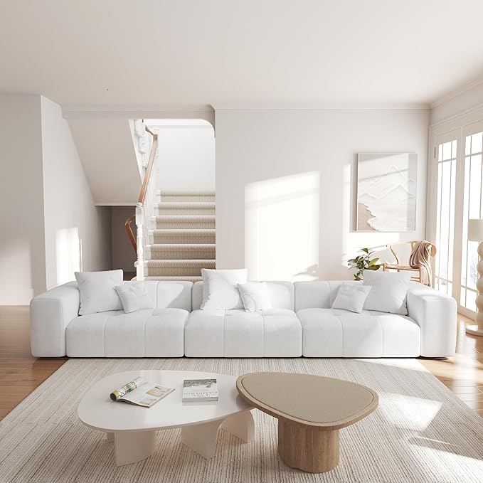 JACH 144 Inch Modular Sofa, Mid Century Modern Extra Deep Corner Seat Couch, 3-Seater Sofas for Living Room, Sectional Couches, Cozy Sofa for Apartment, Living Room (Linen Fabric, White)