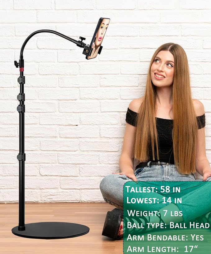 Tall Video Cell Phone Mount with Height Adjustable Stand Heavy Base 360 Head - Compatible with iPhone 16 16 Pro Max 16 Plus 15 14 13
