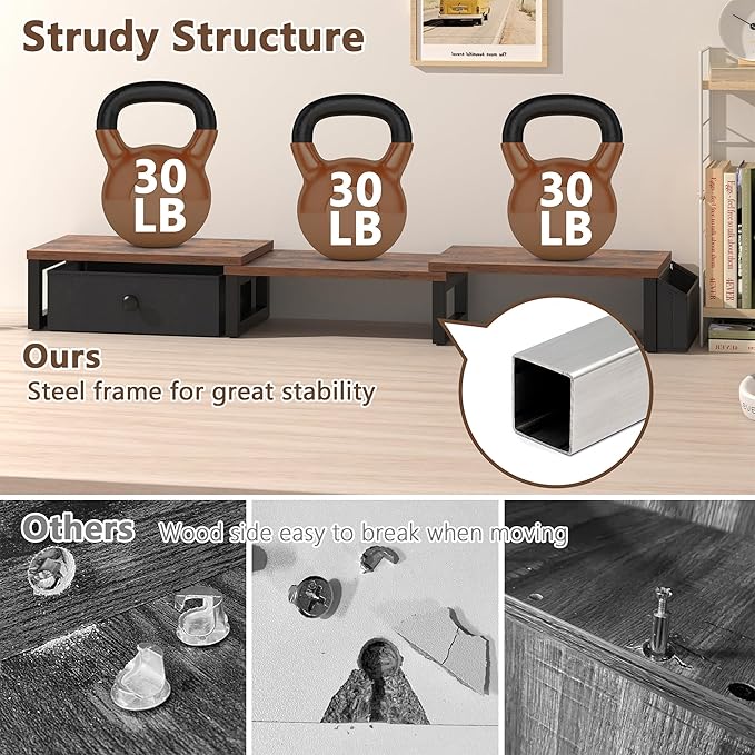 LAND·VOI Heavy Duty Dual Monitor Stand, Holds 2 Screens Up to 27 Inches, Adjustable Length and Angle Monitor Riser, Desk Organizer with Side Pockets and Drawers, Home Office Desk Storage, Rustic Brown
