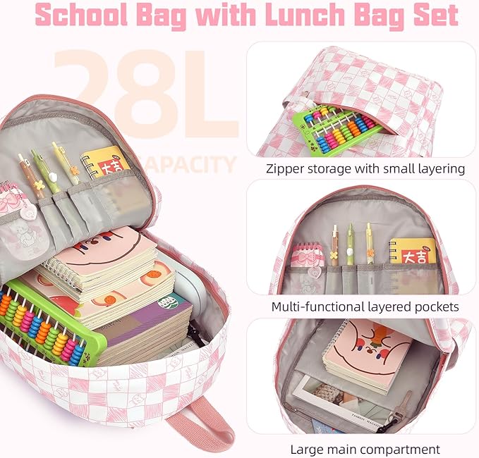School Backpack for Girls, 3PCS Bookbags Set with Lunch Box Pencil Pouch Elementary Middle School Bag Laptop Back Packs (Cat Checkered Pink)