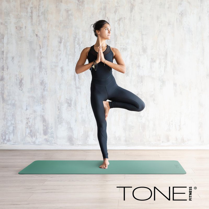 TONE Fitness Yoga Mat 1/4" Thick Non Slip Exercise & Pilates Mat for Home Workouts with Carrying Strap | V Pattern | Black/Teal