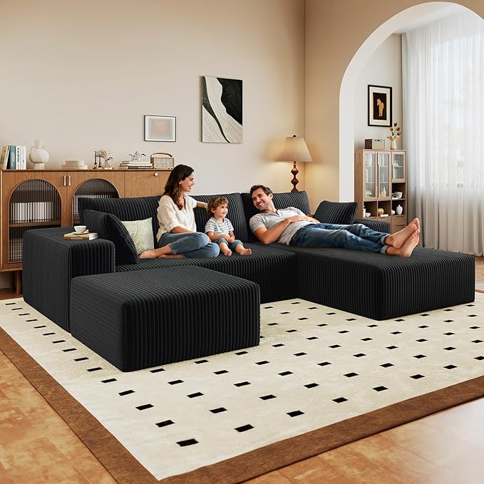 96" U-Shape Cloud Couch, Modern Modular Sectional L-Shape Sofa with Ottoman, Corduroy Upholstered Couches Deep Seat Sleeper Chaise Longue for Living Room, No Assembly Required(Black, Right Facing)
