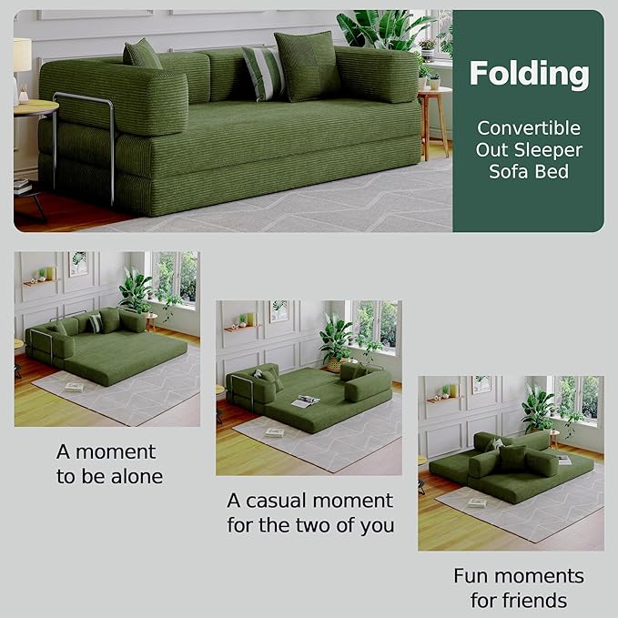98.4''Convertible Sleeper Sofa Bed,Compressed Floor Boneless Couch,Modular Modern Corduroy Sofa for Living Room Bedroom -with Fixed-Shape Frame and Support Armrest,Easy Assembly(Green)