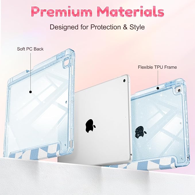 Case for iPad 9th/ 8th/ 7th Generation 10.2-Inch Case(2021/2020/2019 Release) Glitter Tablet Cases with Transparent Acrylic Back+Trifold Stand+Pencil Holder+Auto Wake/Sleep Bows-Stripe