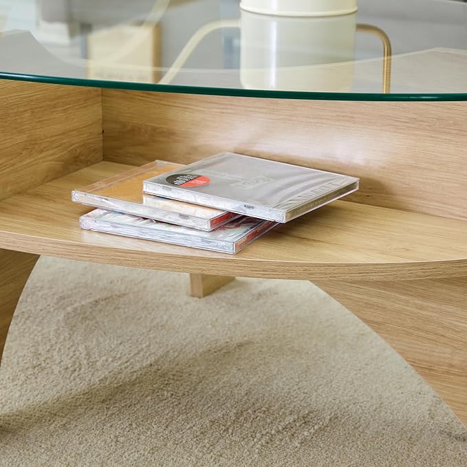 LKTART 41" Oval Glass Coffee Table with Tempered Glass Top and MDF Base, Diagonal Fan-Shaped Tray Design Table Leg Simple & Modern Center Table for Living Room Office Apartment Wood