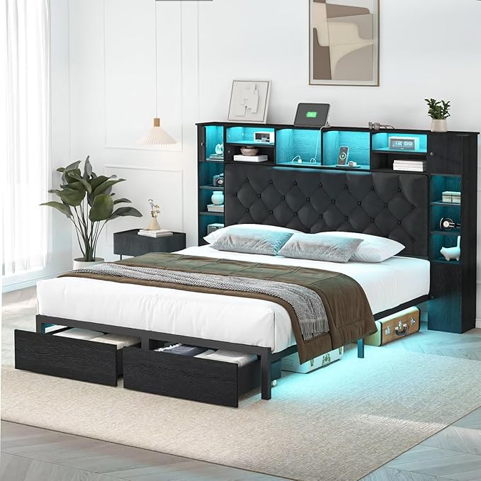 Queen Bed Frame with Bookcase Headboard and Storage Drawers, 51.2" Metal Platform Queen Size Bed Frame with Charging Station and LED Lights, Velvet Upholstered Tufted Bed Frames, Black