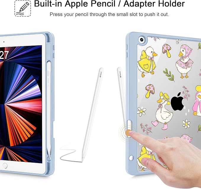 Case for iPad 9th/8th/7th Generation 10.2-Inch (2021/2020/2019 Release) with [Built-in Pencil Holder] Shockproof Cover with Clear Transparent Back Shell &amp Auto Wake/Sleep - Blue Bows