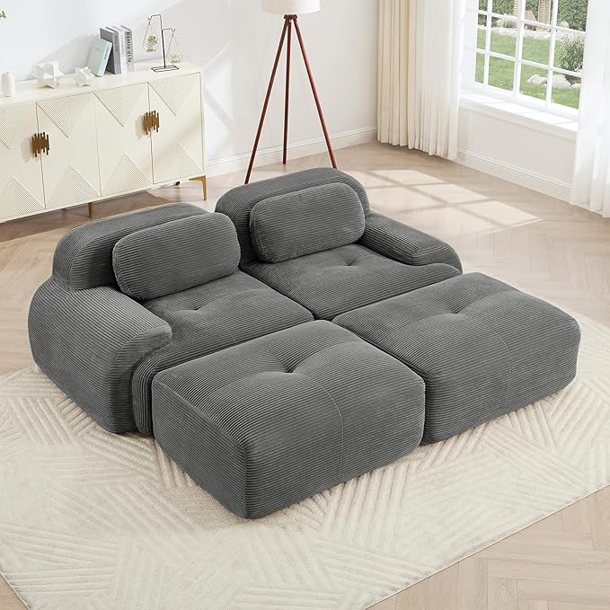 Gray Ottoman for Modular Sectional Sofa, Corduroy Deep Seat for Oversized Compressed Boneless Sectional Couches for Living Room Bedroom Apartment, Cloud Sofa Couch, Memory Foam, No Assembly