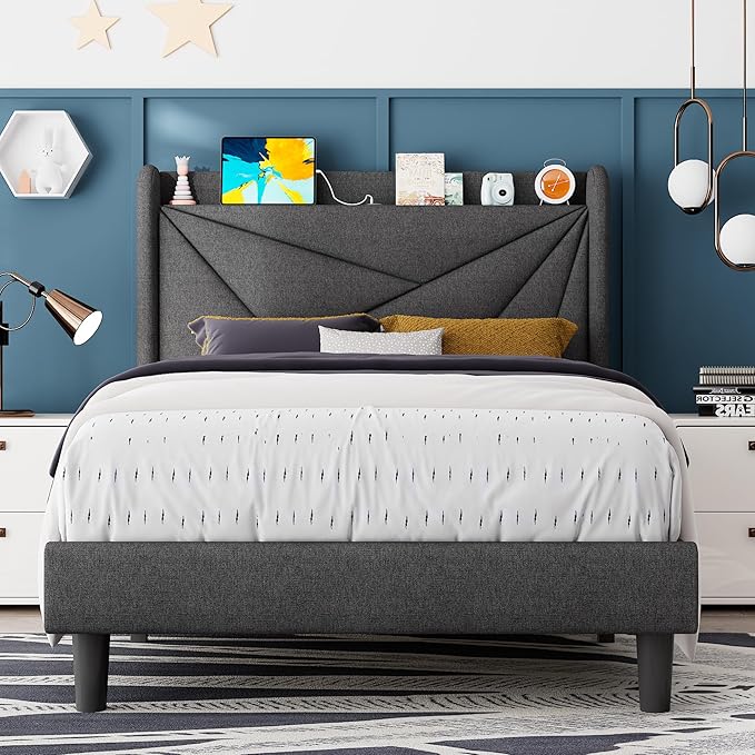 Feonase Twin Size Bed Frame with Charging Station, Upholstered Linen Bedframe with Wingback Headboard, Solid Wood Slats Support, No Box Spring Needed, Noise Free, Charcoal Grey