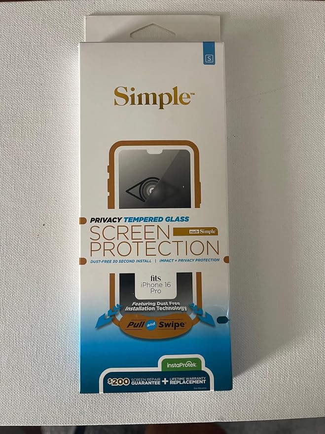 Simple Privacy Tempered Glass Screen Protector for Apple iPhone 16 Pro $200 Repair Gurantee