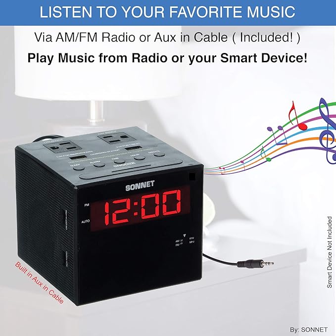Sonnet Alarm Clock Charging Station, AM FM Radio, Dual USB Charging Ports, Dual AC Outlets, Very Loud Alarm Clock for Heavy Sleepers and The Hearing Impaired for Desk, Bedroom