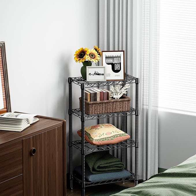 1000 lbs 4 Tier Shelf Metal Storage Shelves Wire Rack Closet Organizers with PP Board for Garage Kitchen Bathroom Laundry Black 11.8" D x 21.7" W x 39.5" H