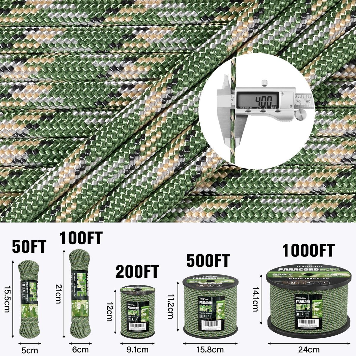 Paracord Rope 550 lb - 100ft 5/32" Parachute Cord 4MM 7-Strand para Cord - Heavy Duty Spool String for Survival,Camping Gear, Survival Bracelet, Clothesline - Camo Green