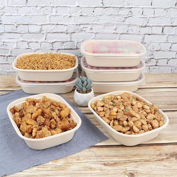35oz Disposable salad bowls with lids, Sugarcane Fiber Paper Bowls take away food containers meal prep deli container 50 Pack
