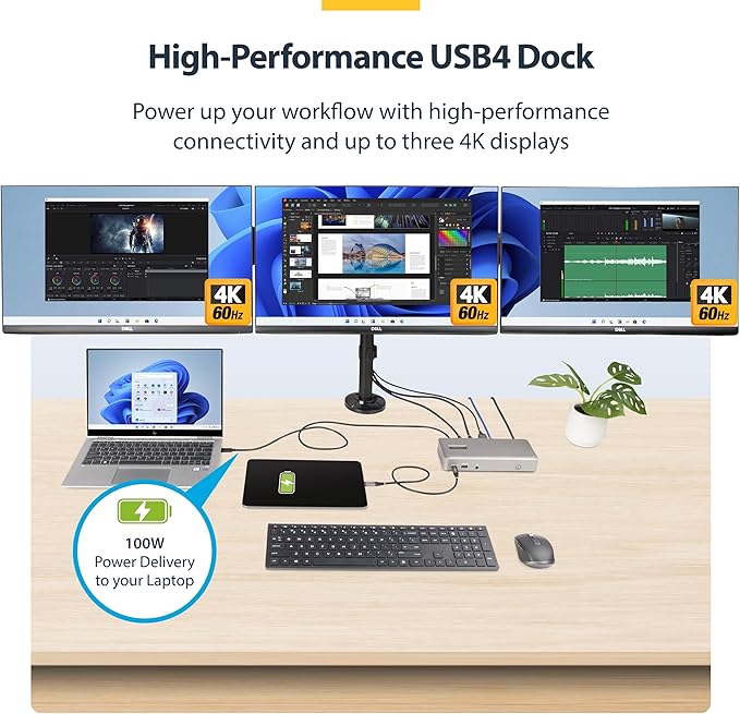 StarTech.com USB-C Docking Station (USB4), Triple 4K 60Hz Monitors, Up to 100W Laptop Charging, 2.5GbE, Driverless, Not macOS Compatible