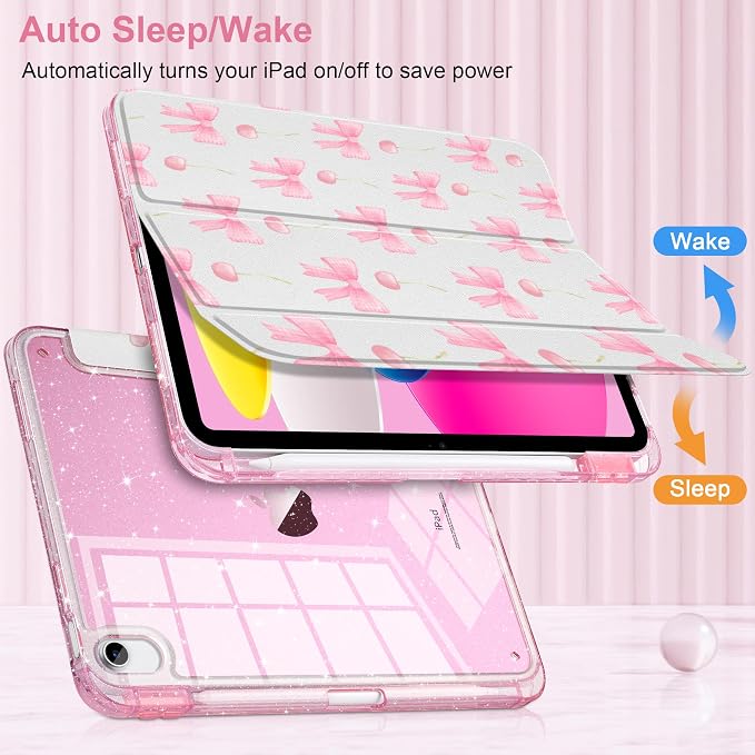 MEEgoodo Case for iPad A16 11th Generation 2025/10th Generation 2022 Glitter Tablet Cases with Transparent Acrylic Back+Trifold Stand +Pencil Holder+Auto Wake/SleepAbstract Sun &amp Palm Tree
