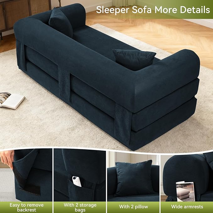 80" Convertible Sofa Bed,Folding Pull Out Couch with Pillows & Storage Pocket,Modular Corduroy Queen Sleeper Sofa in a Box,No Assembly Boneless Couch for Living Room,Navy Blue
