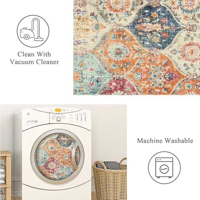 Lahome Moroccan Trellis Washable Area Rugs 5x7, 5x7 Area Rugs for Living Room Bedroom, Indoor Non-Slip Large Oriental Accent Throw Carpet for Kitchen Entryway Bathroom Office, Cream/Multi