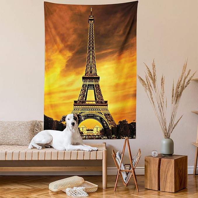 Ambesonne Eiffel Tower Tapestry, Paris Love City Monument in Dramatic Sunrise Picture of French Landmark, Fabric Wall Hanging Decor for Bedroom Living Room Dorm, 30" X 45", Yellow Brown