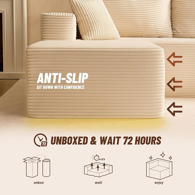 Chaise Lounge Chair, Boneless Couch for Living Room and Bedroom, Sleeper Couches Reading Chairs, Corduroy, White