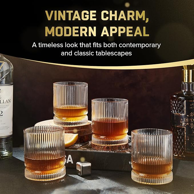 Crystal Old Fashioned Whiskey Glasses Set of 6, 12 Oz Ribbed Bourbon Glass, Ultra-Clarity Double Base Liquor Vodka rocks Cocktail Scotch Tumbler Bar Glasses Set