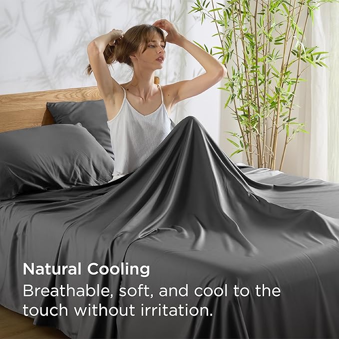 Bedsure Full Size Bed Sheets, Cooling Sheets, Rayon Derived from Bamboo, Breathable & Soft, Deep Pocket Up to 16 Inches, Hotel Luxury Silky Bedding for Hot Sleepers, Grey