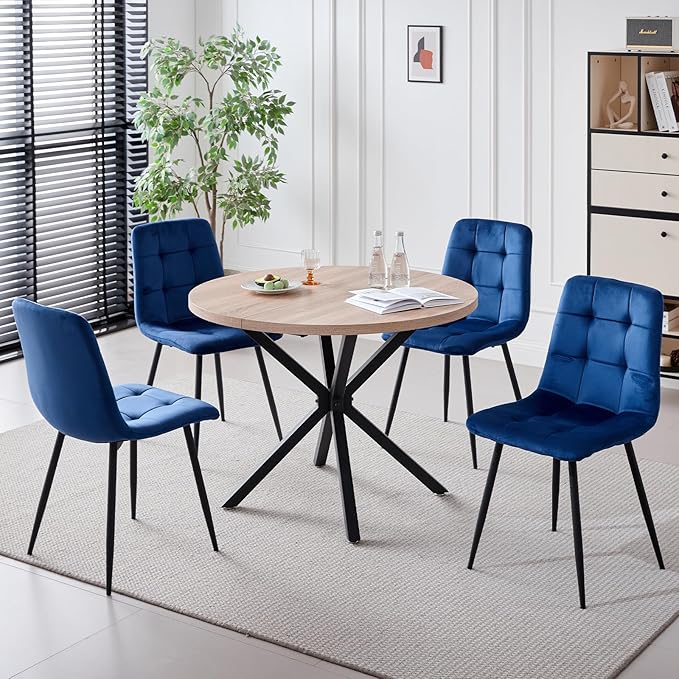 39" Round Dining Table Set for 4, Mid Century Kitchen Table with 4 Velvet Dining Chairs for Apartment Living Room Space Saving