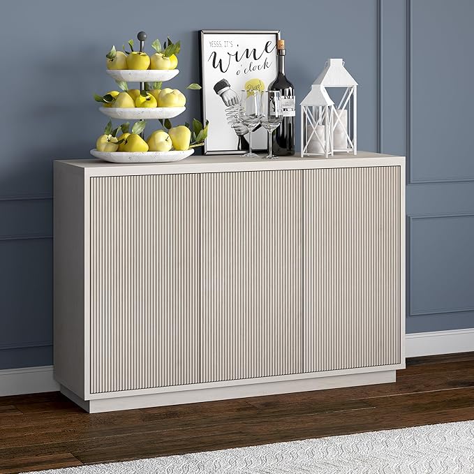 Henn&Hart 48'' Fluted Sideboard Buffet Cabinet, Modern Ribbed Credenza with 3 Doors, Adjustable Shelves, and Cable Management Cut-Outs for Dining Room, Kitchen, Living Room or Entryway, Alder White