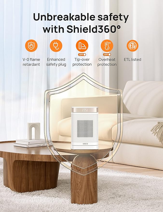 DREO Space Heater for Bathroom and Indoor, Portable Heater, 1500W Safe and Quiet PTC Ceramic Heater, 41-95°F Digital Thermostat, 70°Oscillating, Remote, ALCI Safety Plug, 12h Timer, 5 Modes, White