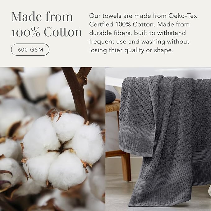 NY Loft 100% Cotton Towel Set 6 Piece | Super Soft & Absorbent Quick-Dry 2 Bath Towels 2 Hand Towels & 2 Washcloths |Textured and Durable Cotton | Trinity Collection (6 Piece Set, Charcoal Grey)