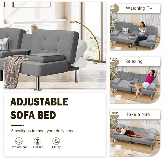 Shahoo Modern Linen Upholstered Convertible Folding Futon Sofa Bed with Removable Armrests, Metal Legs, 2 Cup Holders for Living Room, Light Grey