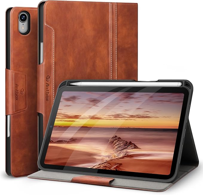 Antbox Case for iPad mini 7 A17 Pro for iPad mini 7th/6th Generation | Built-in Pencil Holder Vegan Leather Smart Cover with Auto Sleep/Wake Stand Function