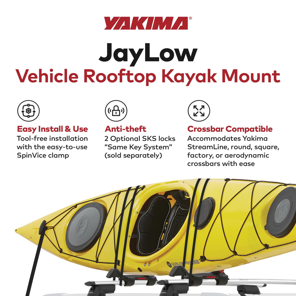 Yakima JayLow Folding J-Cradle Rooftop Kayak Rack with Tie-Downs