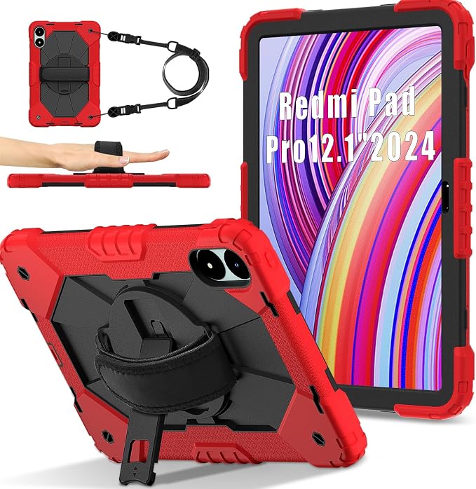 for Xiaomi Redmi Pad Pro 12.1/Xiaomi Poco Pad 12.1 Case with with Kickstand/Hand Strap/Rotating/Shoulder Strap (Black/Black)