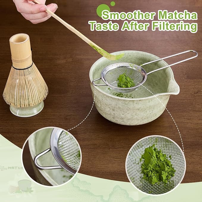 Nigwet 5Pcs Matcha Whisk Set - Matcha Bowl with Spout, 100% Bamboo Whisk (Chasen), Holder, Stainless Sifter, Tea Scoop. Japanese Ceremony Matcha Kit for Beginners, Ideal Gift for Tea Lovers (Green)