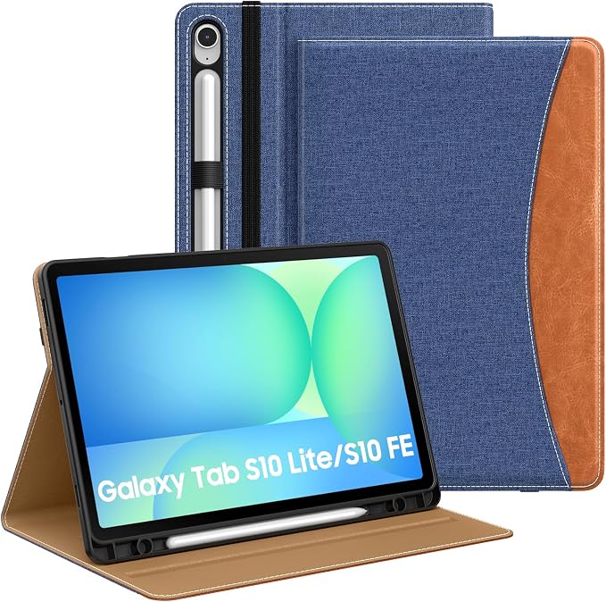 MoKo Case for Samsug Galaxy Tab S10 Lite/ S10 FE/ S9 FE/ S9 10.9/11 Inch | Built-in S Pen Holder Case for Samsung Tablet (2025/2023) PU Leather Hand Strap &amp Front Pocket Blue &amp Brown