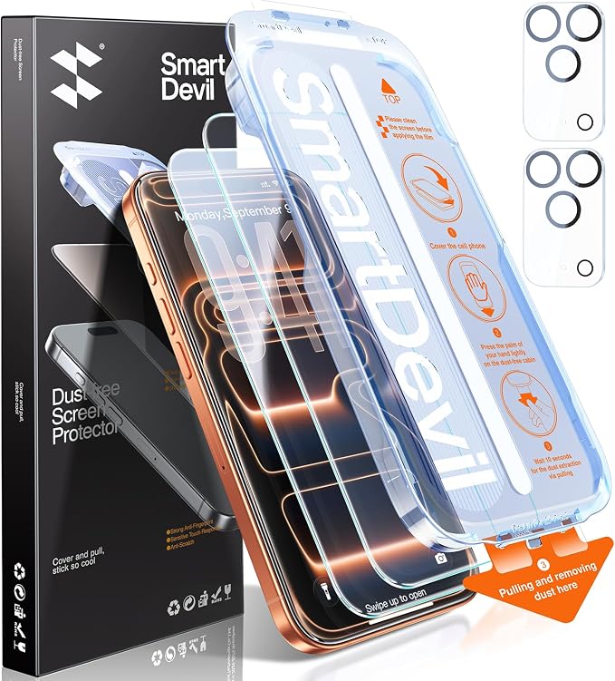 SMARTDEVIL (3+3 Pack HD Clear Screen Protector for iPhone 14 Pro Max with 3 Camera Lens Protectors 9H Tempered Glass Shatter-Resistant SmartPull Dust &amp Bubble-Free Install Frame Case-Friendly
