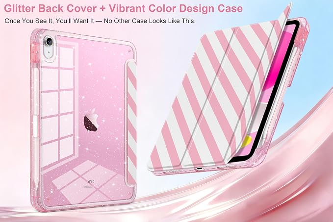 MEEgoodo Case for iPad A16 11th Generation 2025/10th Generation 2022 Glitter Tablet Cases with Transparent Acrylic Back+Trifold Stand +Pencil Holder+Auto Wake/SleepAbstract Sun &amp Palm Tree