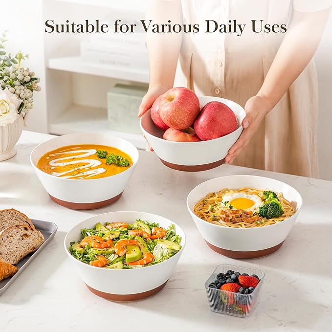 MALACASA Salad Bowls Set of 4, Soup Bowls for Kitchen, 60oz Large Ceramic Bowl for Ramen, Cereal, Fruit, Pho and Pasta, Microwave & Dishwasher Safe, Speckled Deep Bowls, White & Brown