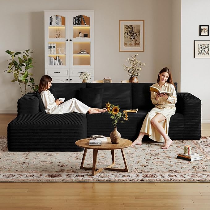 108'' Modular Sectional L-Shaped with Chair,Deep Seat Boneless Corner Couch for Living Room,Plush Corduroy Couch with Detachable Sofa Set,No Assembly(Left Facing Chaise，Black)
