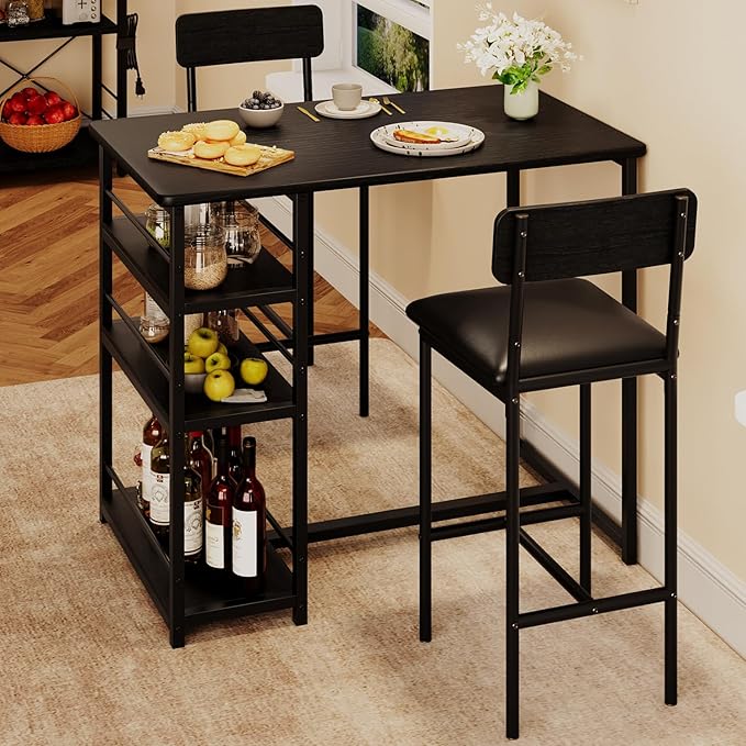 GAOMON Dining Table Set for 2, Kitchen Table and Chairs for 2 with Upholstered Chairs, 3 Piece Counter Height Bar Kitchen Table Set with 3 Storage Shelves for Small Space, Apartment, Rustic Black