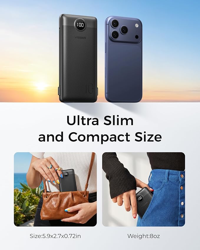 VEGER Portable Charger for iPhone Power Bank Built in Cable and Wall Plug | 10000mAhUltra Slim&ampCompact5 OutputsLED DisplayFlight-SafeTravel Essentials Battery Pack for iPhone 17iPad Samsun