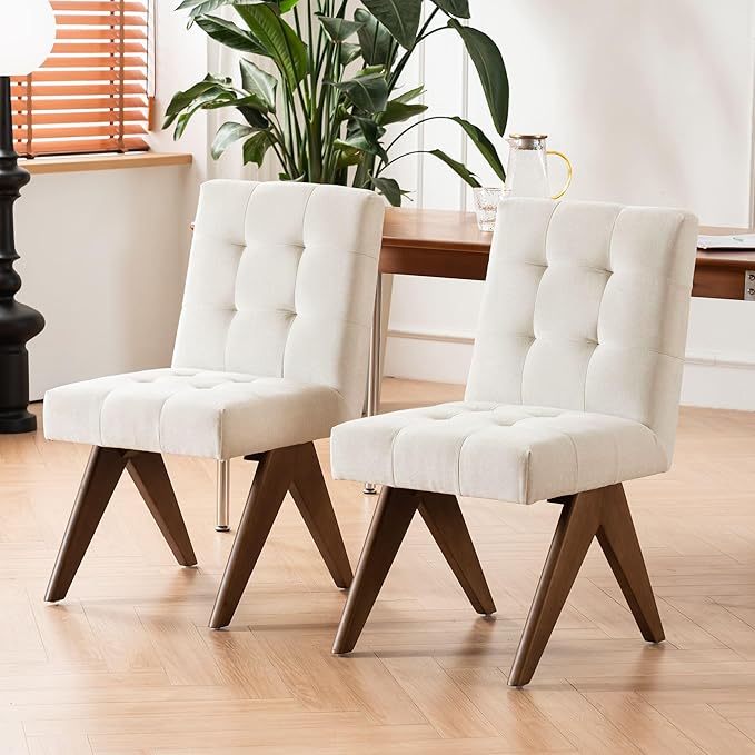Rowill Modern Upholstered Dining Chairs Parsons Chair Linen Fabric Kitchen Chairs Tufted Armless Dining Room Chairs with Wood Legs Set of 2, Beige