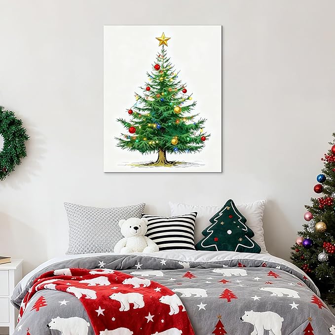 Framed Christmas Pictures Wall Decor,Vintage Pine Tree Prints,Winter Christmas Canvas Wall Art Decoration for Bedroom Bathroom Living Room Rustic Xmas Holiday Gifts (Christmas Tree 7, 24'' X 36'')