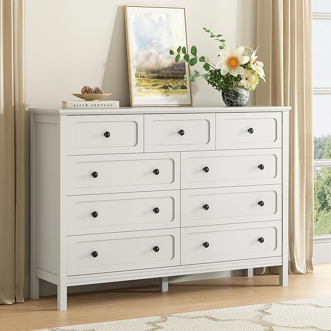 CARPETNAL White Dresser for Bedroom, 55" Wide 9 Drawer Dresser with Metal Handles and Deep Drawers, Modern Large Wood Chest of Drawers for Living Room, Hallway.