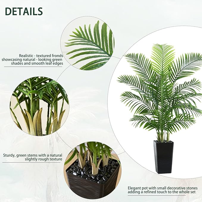 Artificial Palm Tree 5FT - Tall Fake Tree with Black Taper Planter & Pebbles, UV Resistant for Indoor & Outdoor, Large Potted Faux Plant, Tropical Areca Floor Plant for Living Room, Office, Home Decor