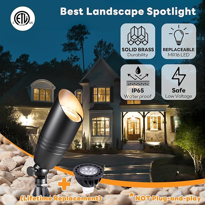 Low Voltage Spotlight LED - 12V Black Outdoor Light Fixture Weather Proof, Brass Landscape Lights Hardwired, Coastal for Flag Sign with Warm White MR16 Removable Bulbs (10 Pack)