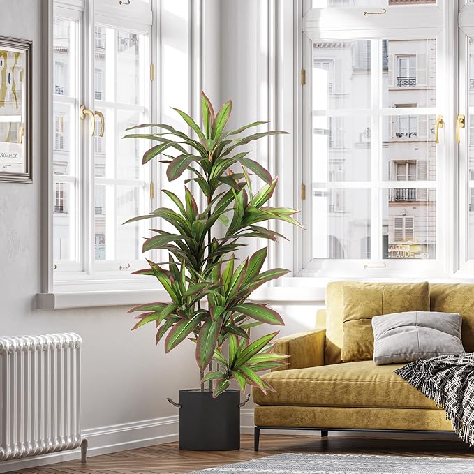 VIAGDO Dracaena Silk Plant Artificial 5ft Faux House Plants with Red Leaf Margin Fake Yucca Palm Trees in Pot Realistic Dragon Tree for Living Room Home Office Decor Indoor Outdoor