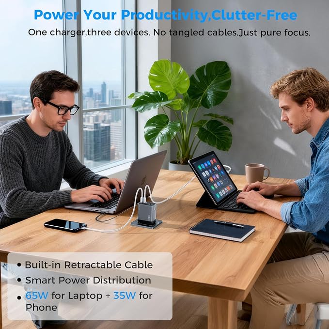 100W GaN USB C Retractable Charger with Smart Display Compact 3-Port Fast Charging Wall Adapter with Foldable Plug for MacBook Pro/Air iPhone 17/16 Galaxy S26 iPad