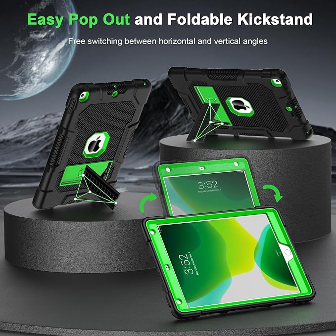 TIMISM Case for iPad 9th/8th/7th Generation(2021/2020/2019) Heavy Duty Military Grade Shockproof Rugged Protective 10.2 Cover with Built-in Stand for iPad 9 8 7 Gen Black+Green